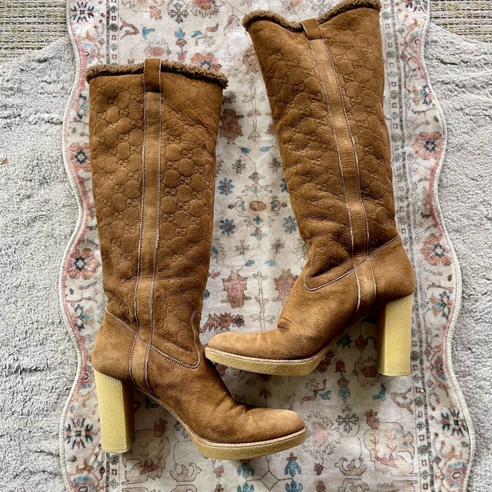 Gucci Brown Suede Knee-High Logo Embossed Heeled Boots